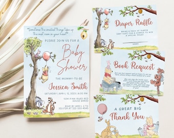 Winnie The Pooh Invitation Bundle, Gender Neutral Baby Shower Template, Editable Winnie Pooh Baby Shower Party 099