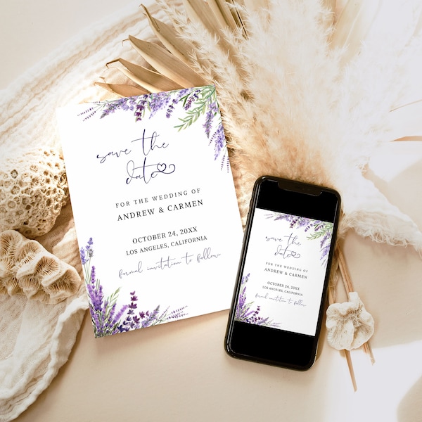 Save The Date Template, Lavender Save the Date Digital Download, Smartphone, floral Save the Date Digital Template, Editable template 055