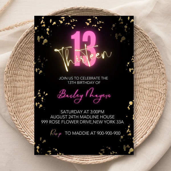 13Th Birthday Invitation for girl, Gold Glitter Pink Neon, Editable Template, 13 Bday Invite 1181