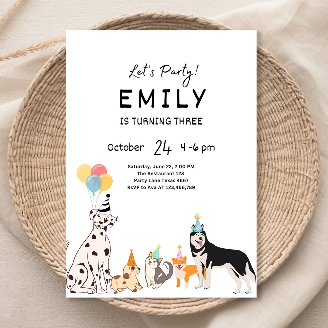 Editable Dog Birthday Party Simple Invitation Puppy Birthday Invite ...