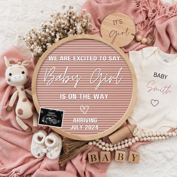 Girl Pregnancy Announcement Digital Baby Announcement Girl Gender Reveal Social Media Reveal Editable Template Its a Girl Little Sister