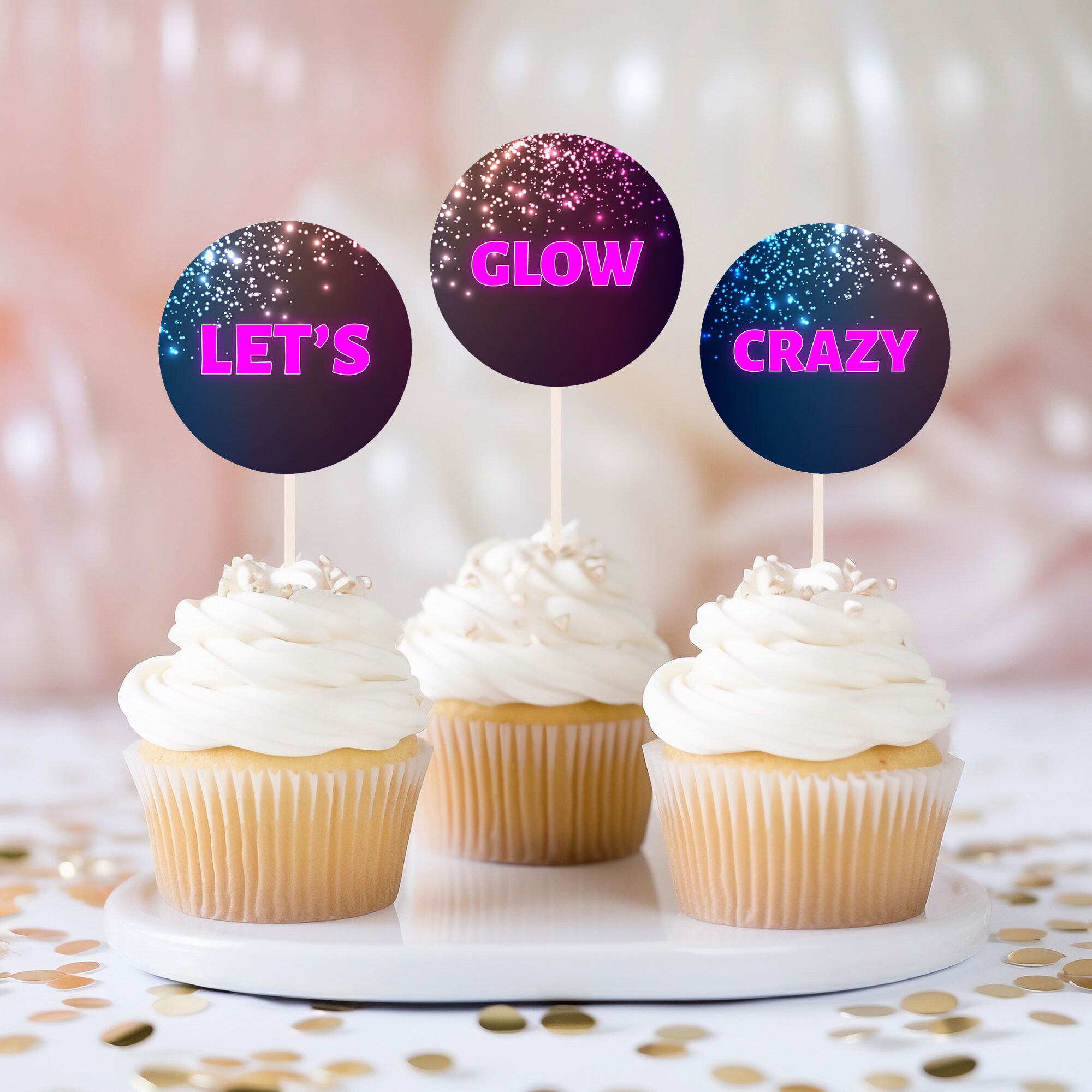Editable Neon Glow Birthday Party Cake Topper, Glow in the Dark Cupcake ...