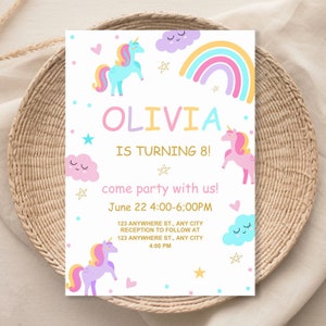 Editable Unicorn Birthday Invitation Magical Party Invite Girl Pink Pastel First Digital Unicorn Party Template Rainbow Download 094