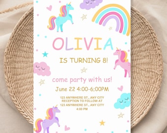 Editable Unicorn Birthday Invitation Magical Party Invite Girl Pink Pastel First Digital Unicorn Party Template Rainbow Download 094