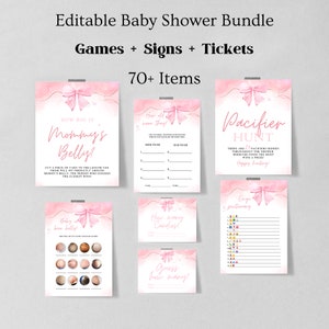 EDITABLE Pink Bow Games Baby Shower Games Bundle, Minimalist Baby Shower Pink Watercolor Ribbon Blush Pink 60 Game Pack Digital 1225