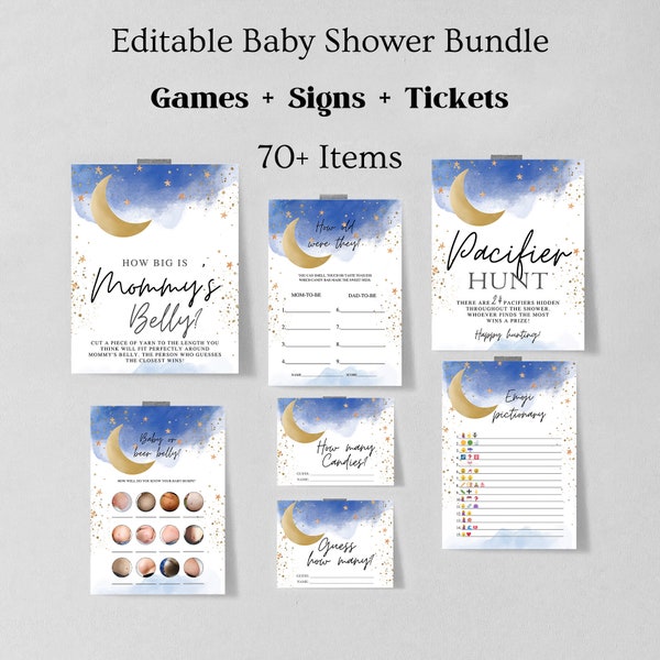 Over the Moon Baby Shower Games, Printable, Moon and Stars Baby Shower Game Bundle, Blue Twinkle Twinkle Little Star Baby Shower Games 1201