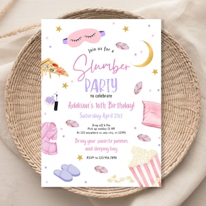 Editable Slumber Party Birthday Invitation Sleepover Birthday Invite Pink Girl Pizza PJ Teen Digital Download Printable Template 1165 image 1