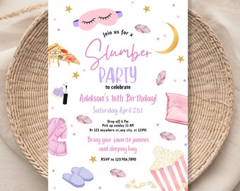 Editable Slumber Party Birthday Invitation Sleepover Birthday Invite Pink Girl Pizza PJ Teen Digital Download Printable Template 1165