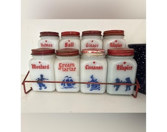 Vintage dove frank milk glass spice canister set with original sitting rack