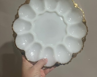 Vintage anchor hocking milk glass with gold trim deviled egg platter