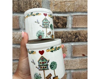 Ceramic Birdhouse Canister Set with Heart Accents - Cream