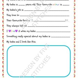 May include: A printable questionnaire titled Let me tell you about my BABA with a rainbow heart border. The page includes fill-in-the-blank lines for details about a baba, a large rectangular box for drawing, and the text My papa is very.