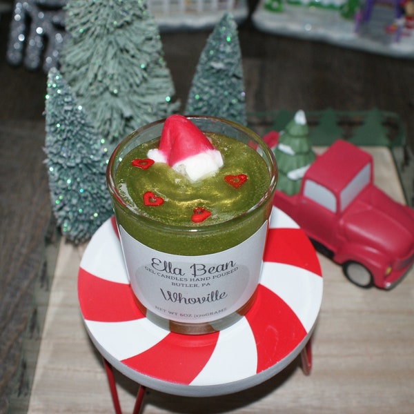 Whoville Gel candle with santa hat Embed pine scented gel wax green shimmer Christmas candle gift for her kitchen candle