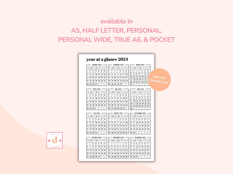 2024 Year at a Glance • CLASSIC • 2024 Calendar • Printable • Yearly ...