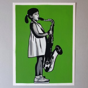 Stencil: "Il sassofonista" su carta fatta a mano 24 x 32 cm