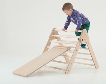 Triangle d'escalade en bois SET de 3 triangles Montessori avec toboggan et arc à bascule Montessori grimpeur jouets Klettergerüst intérieur Kletterdreieck