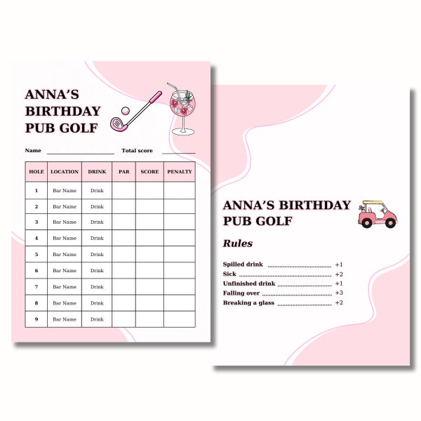 Customisable Pub Golf Scorecard Templates - Pink