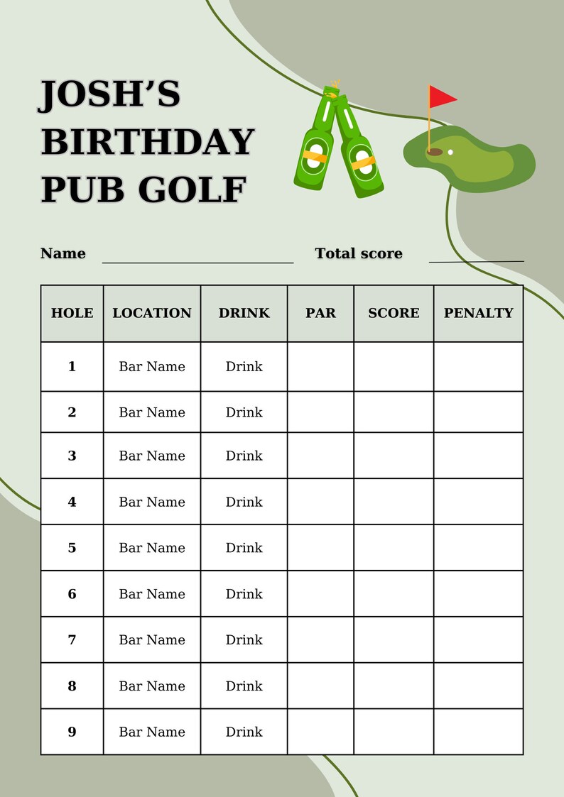 Customisable Pub Golf Scorecard Templates Green Etsy