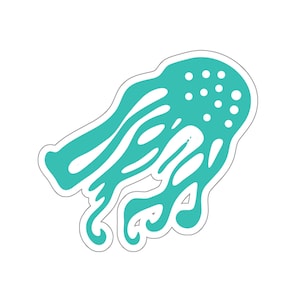 May include: A teal blue jellyfish sticker with white outlines and white dots on the top of the jellyfish.