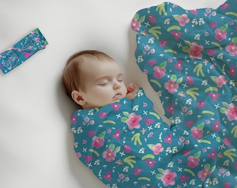 Floral Baby Girl Swaddle Blanket and Headband Set