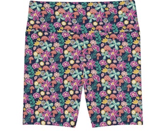 Women's Workout Shorts (AOP) _ with flowers, butterflies and mushrooms