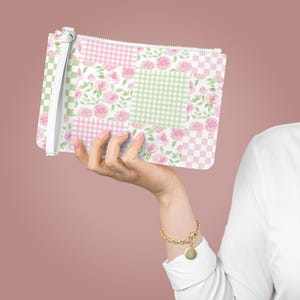 Pink Patchwork Roses Clutch Bag | Floral Gingham Check Wristlet