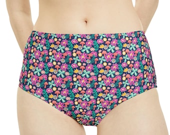 Slip bikini a vita alta con stampa floreale, costume da bagno retrò