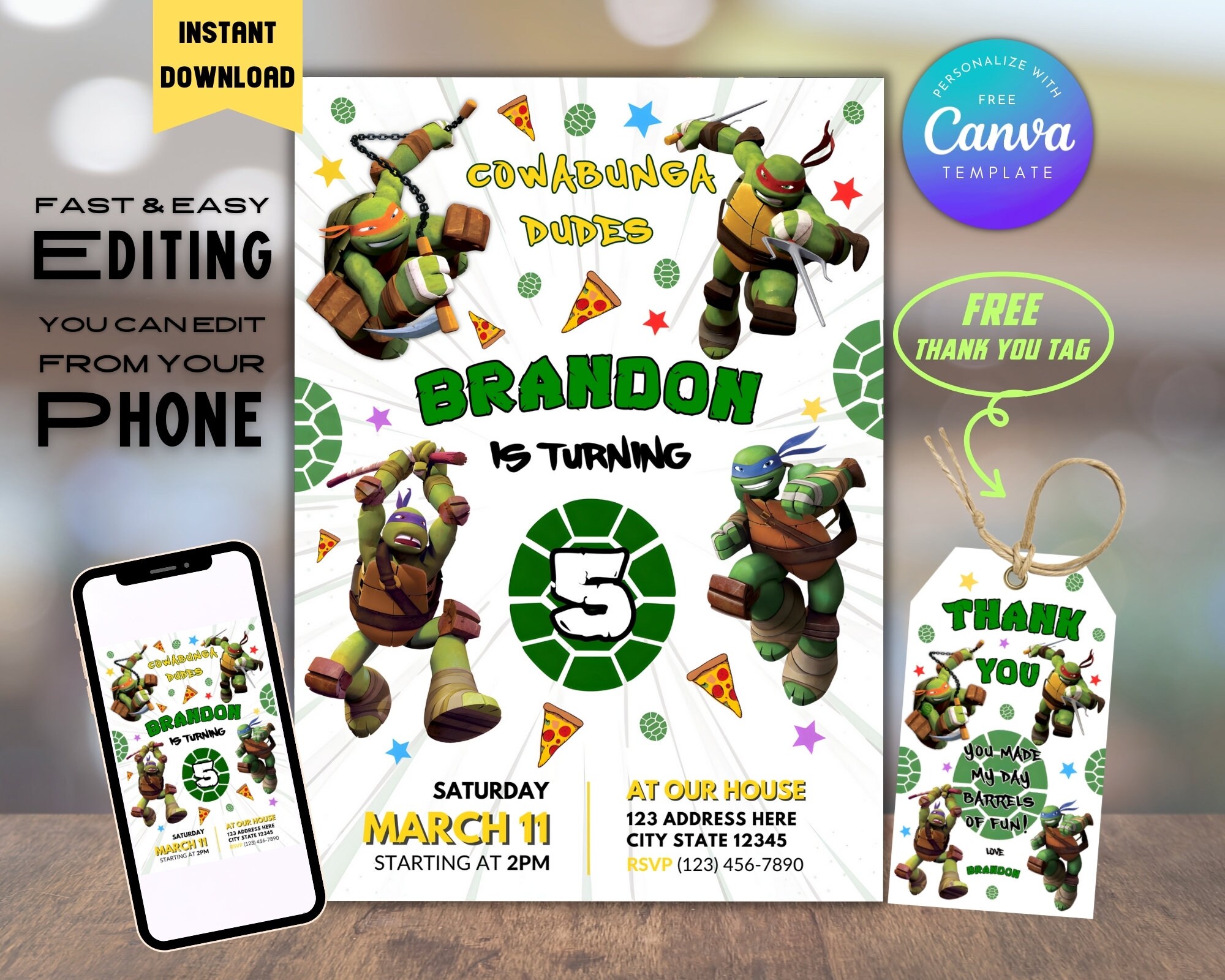 Editable Ninja Turtle Birthday Invitation Party Template With Thank You ...