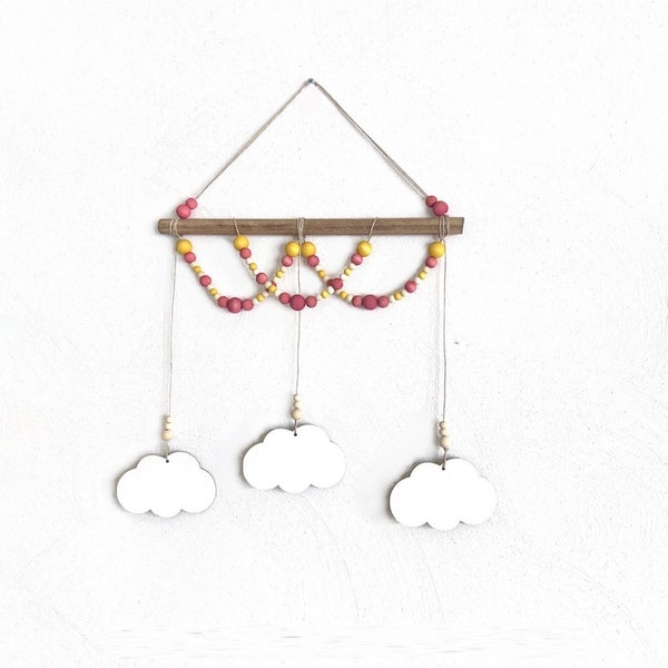 Pink & Yellow Clouds Wall Hanging: Wooden Bead Wall Decor, Hot Air Balloon, Little Girl Nursery, Children's Bedroom, Playroom, Baby, Boho