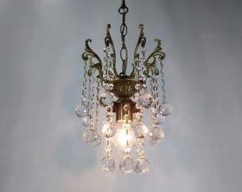 Vintage Brass & Crystals New French Antique Chandelier Ceiling Petite Lighting Glass Lamp ,Fixture Victorian Light