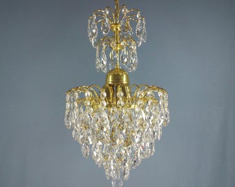 Antique French Crystal Chandelier: Petite Vintage Brass Pendant Light, from 1970s