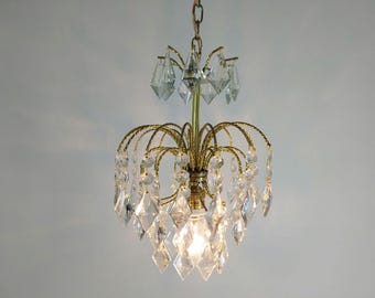 Antique French Brass Crystal Chandelier: Victorian Pendant Light Petite Fixture