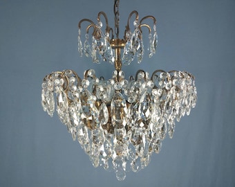 Antique Brass Crystal 5-Light Chandelier: 1960s French Victorian Vintage Lighting