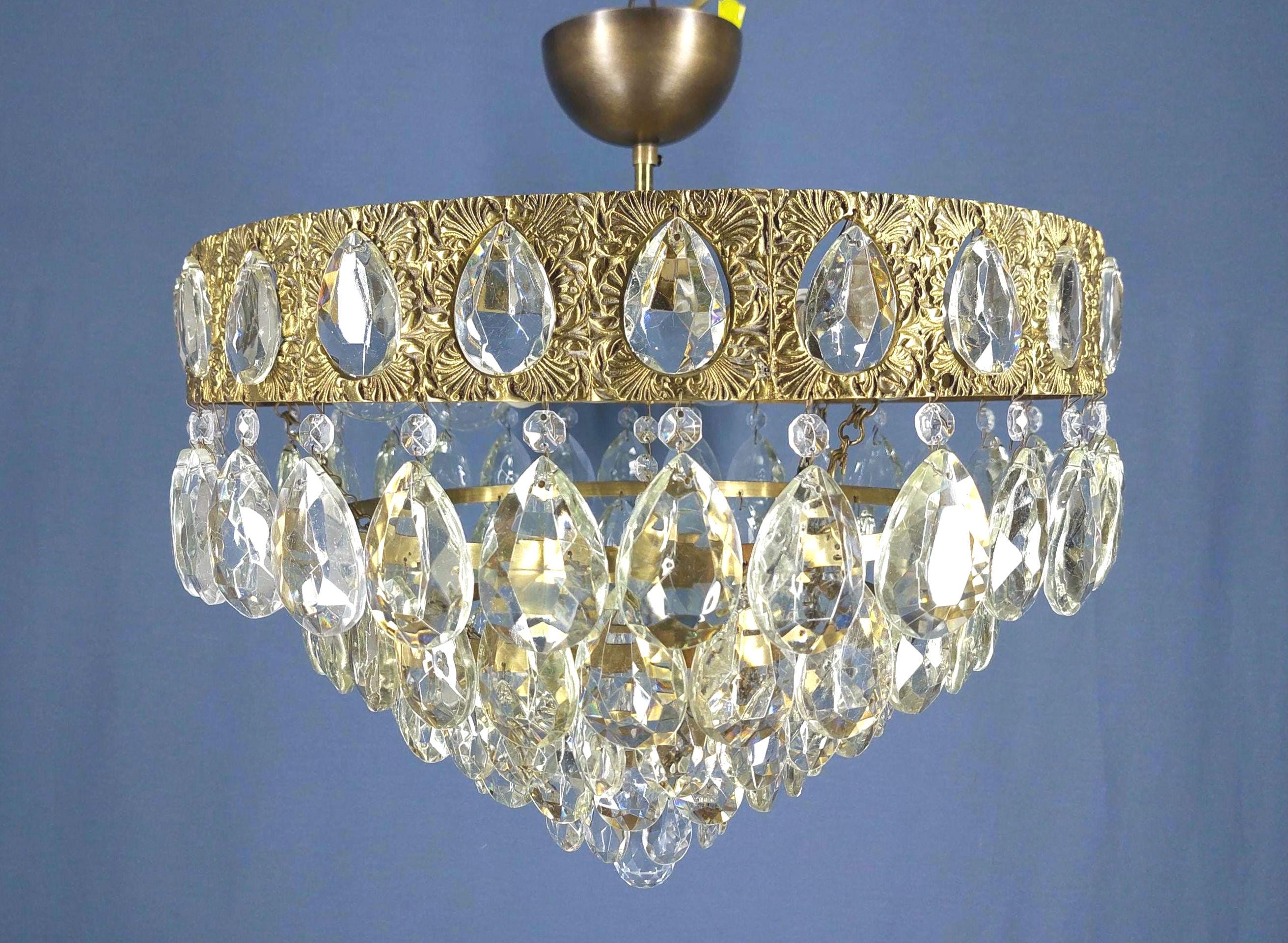 アンティークフレンチクリスタルシャンデリア：真鍮、ガラス