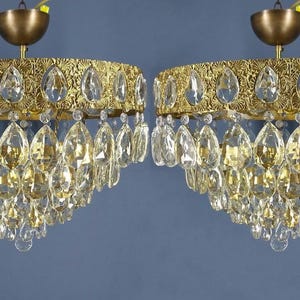 Antique Low Ceiling French Crystal Chandelier Pair: Brass -Glass,Vintage 6-Light, 5-Tier Victorian Matching Fixture