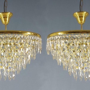 Antique French Crystal Low Ceiling Chandelier Pair: Brass Victorian 7-Light, 6-Tier Fixture Lamp