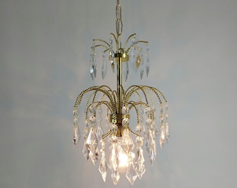 Antique French Brass Crystal Chandelier: Victorian Pendant  Petite Fixture Light