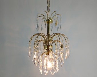 Antique French Crystal Chandelier: Brass Victorian Pendant  Small Light
