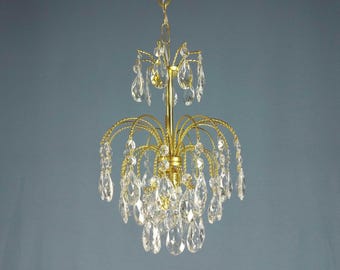 French Vintage Crystal Chandelier: Brass Glass Pendant Light, 1960s French Style