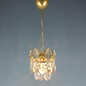 Petite French Crystal Chandelier: Victorian Brass Pendant Light, 1970s Lamp
