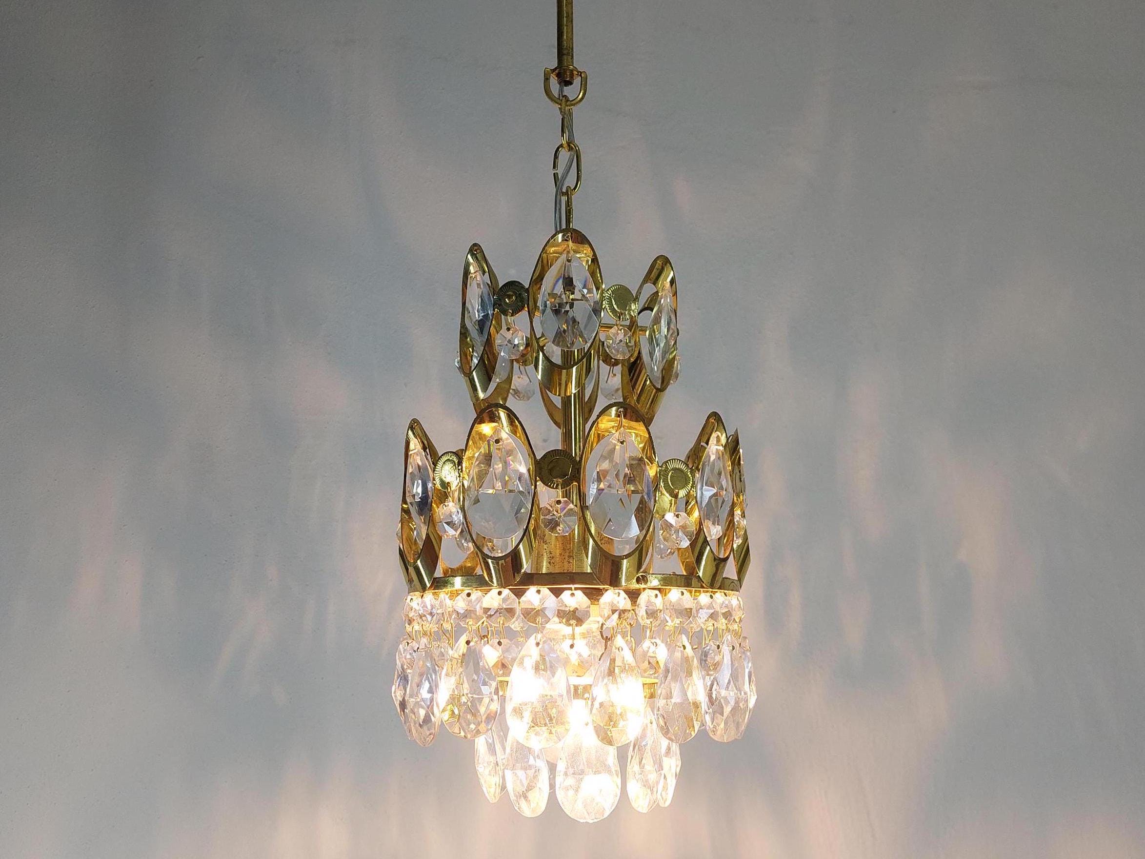 Vintage Brass Crystal Chandelier: Small Victorian Pendant Lighting Fixture