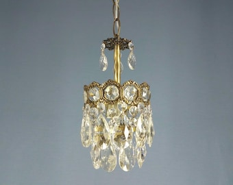 Antique French Crystal Chandelier: Petite Brass-Glass Pendant Victorian Light, 1960&#39;s