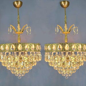Antique Brass Crystal Chandelier Pair: 5-Tiered Victorian Matching Lighting