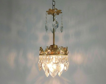 Antique Brass Crystal Chandelier: Victorian Style Pendant Lighting, Vintage 1960s Fixture