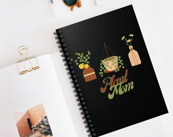 Cuaderno espiral Plant Mom - Línea reglada, Amante de las plantas, Regalos para jardineros, Regalos para ella, Diario de plantas de interior, Cuaderno de plantas, Diario negro