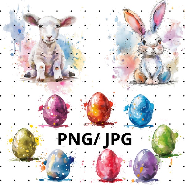 Aquarell-Oster-Digistamps: Lamm, Hase & Ostereier, PNG, JPG, Ostern, Clip- Art, Deko, niedlich, Frühling,  kommerzielle Nutzung