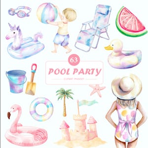 63 Pool Party PNG Transparent Background | Watercolor Summer, Beach, Vacation | Swimming Pool Clipart Set