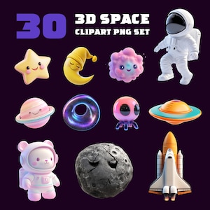 Paquete de imágenes PNG del espacio 3D / 30 adorables dibujos de astronautas, cohetes, extraterrestres, planetas y galaxias / Fondo transparente / Descarga digital