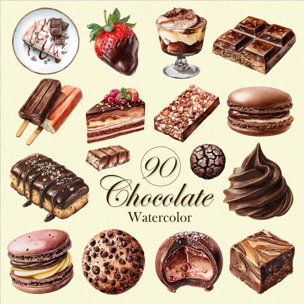 90 Chocolate Clipart PNG | Watercolor Candy, Macaron, Cookie, Brownie, Truffle, Dessert Treats | Transparent Background