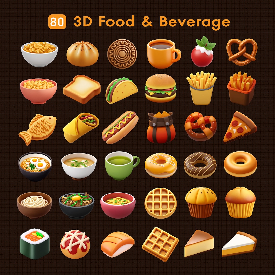80枚の3D食品・飲料PNG透明背景｜3Dアイコン、レストラン、カフェ、メニュー｜モダンなクリップアートセット - Etsy 日本, image size:1080x1080